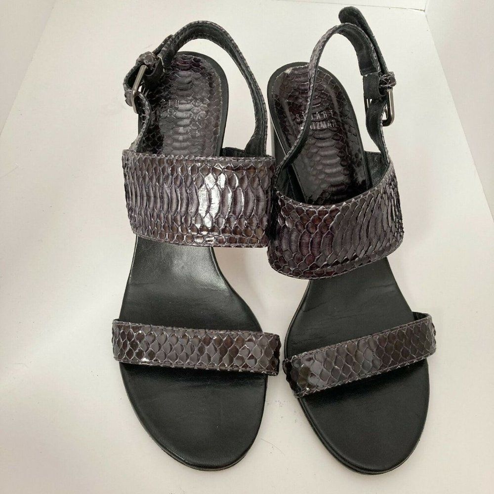 Stuart‎ Weitzman Sz 8.5 Dark Gray Snakeskin Leather Slingback Heels Python Pumps